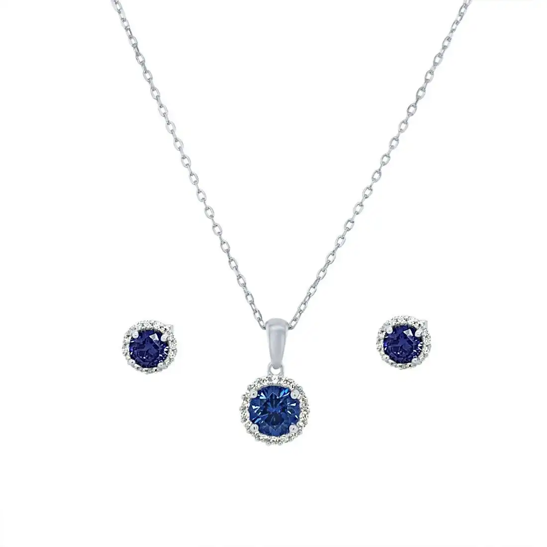 Blue Cubic Zirconia Halo Necklace & Earrings Jewellery Set