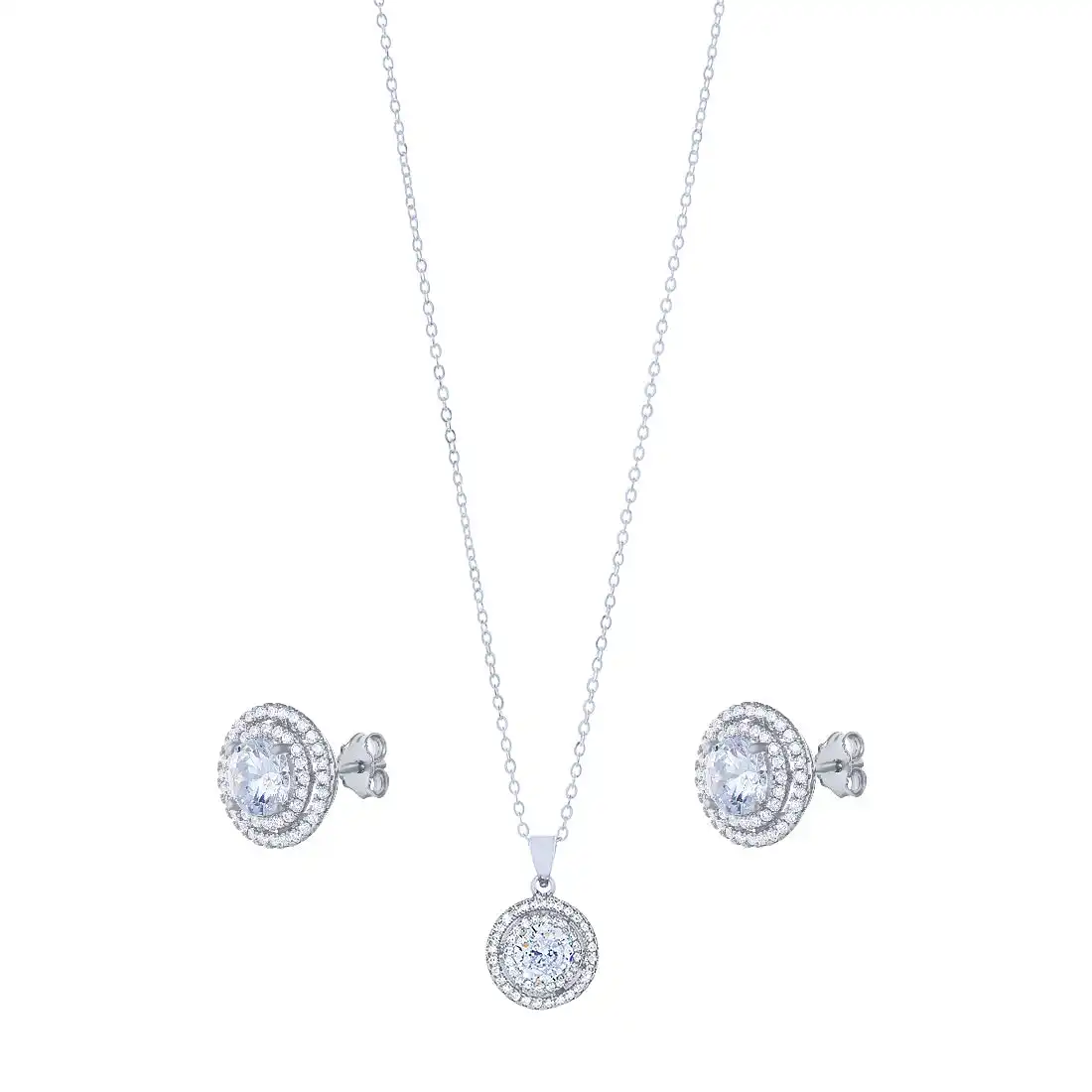 Sterling Silver Cubic Zirconia Double Halo Stud Earring and Necklace Set