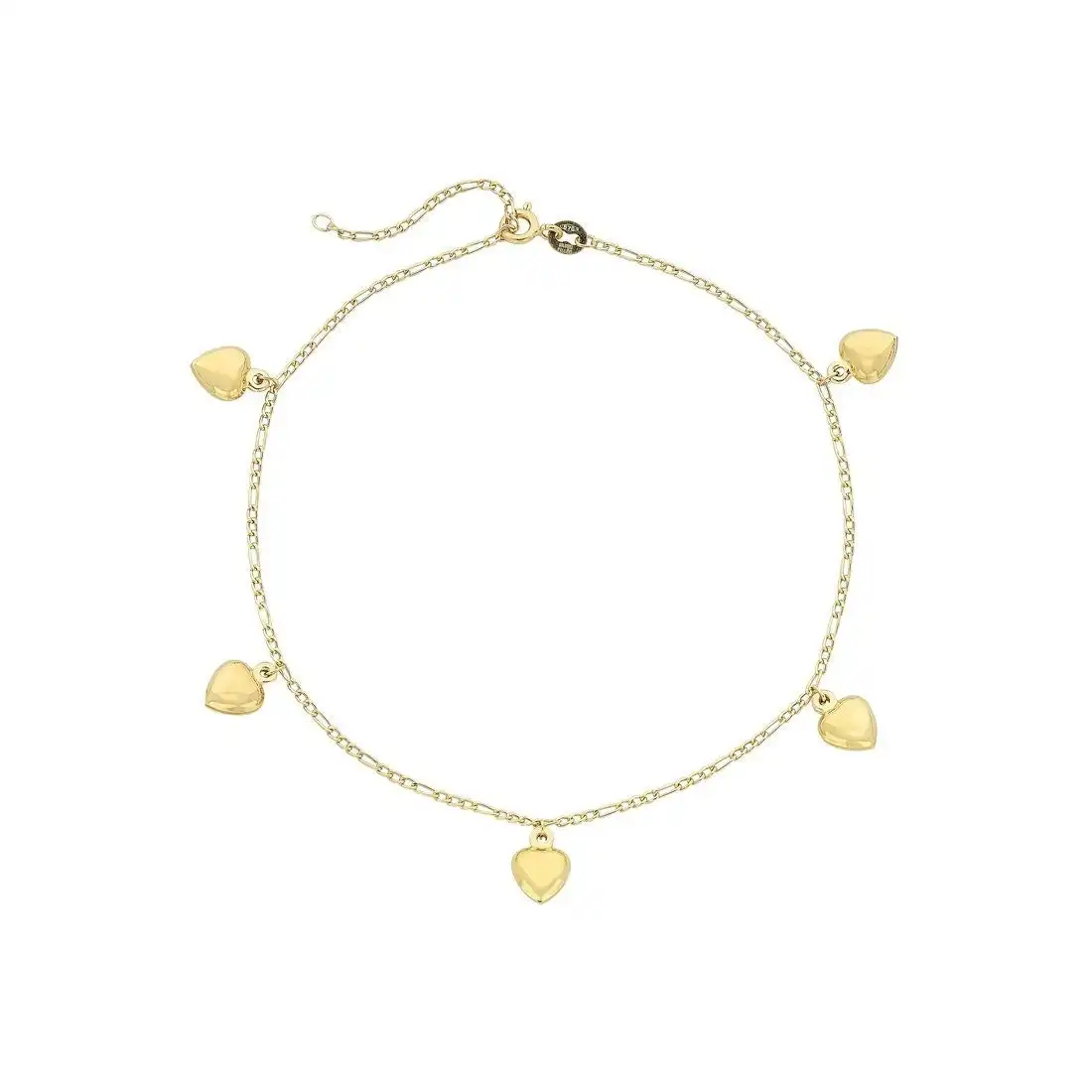 9ct Yellow Gold Silver Infused 5 Puff Heart Anklet