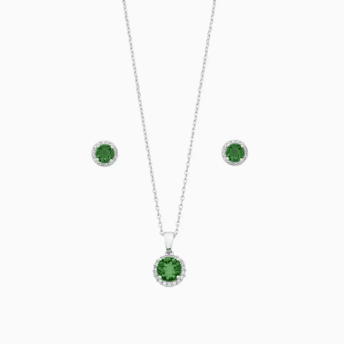 Sterling Silver with Dark Green and White Cubic Zirconia Earrings and Necklace 45cm Set