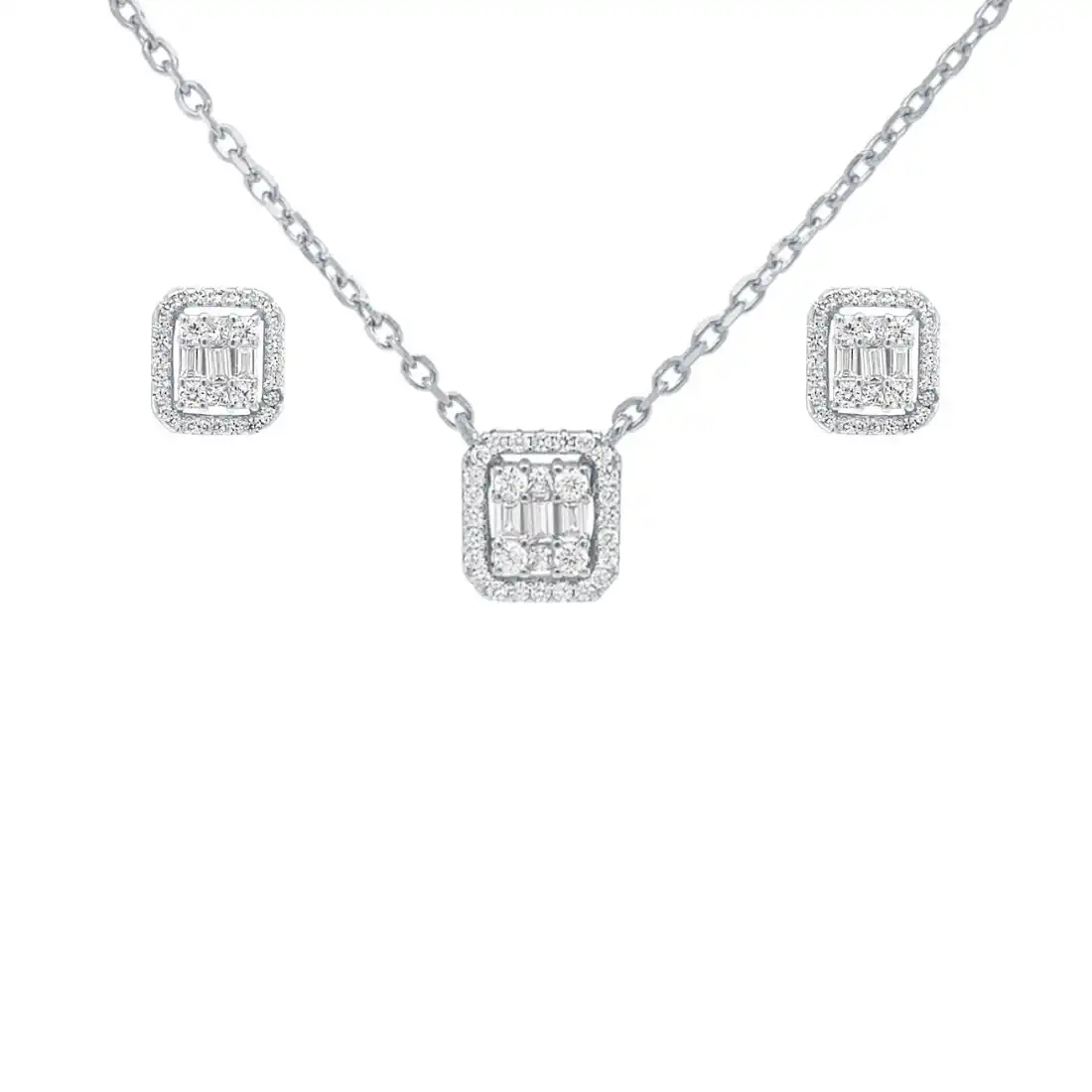 Halo Earring and Necklace Set with Cubic Zirconia in Sterling Silver