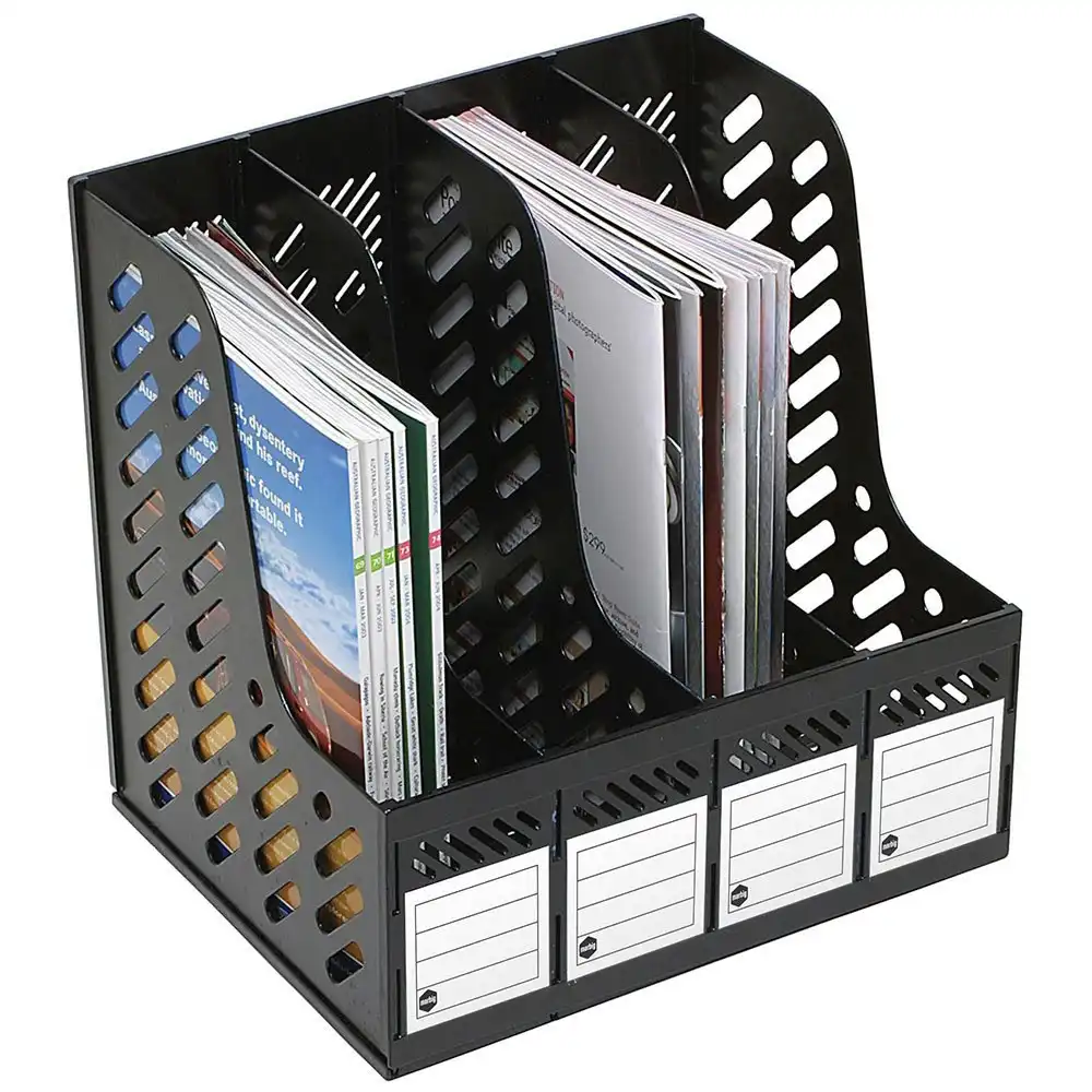 2PK Marbig Magazine/Papers/Documents 4 Section Rack/Organiser Home/Office Black