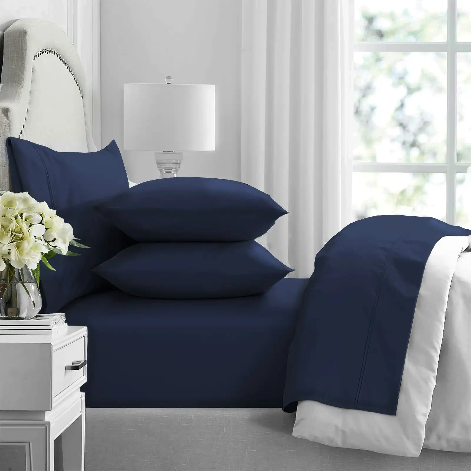 Renee Taylor Queen Bed Sheet Set Premium 1000TC  Egyptian Cotton Bedding Indigo