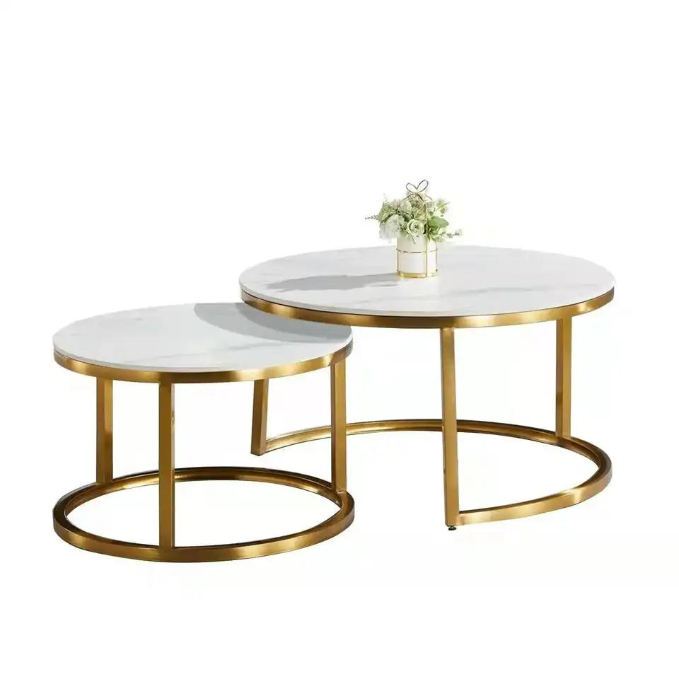 Emery Round Nesting Sintered Stone Coffee Table - White & Gold