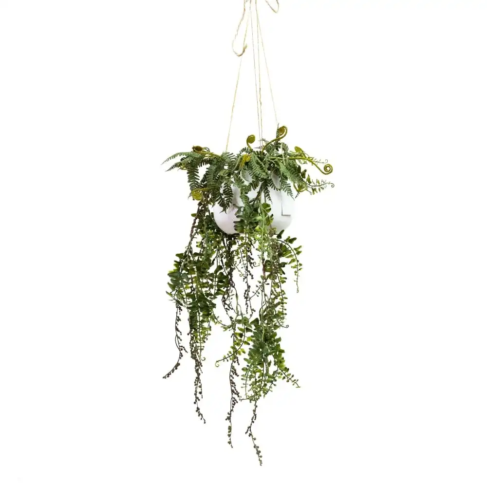 Glamorous Fusion Barker Fern Artificial Fake Hanging Plant Decorative 87cm In Pot - Green