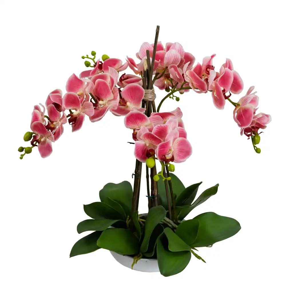 Glamorous Fusion Phalaenopsis Orchid Artificial Plant Flower Decorative 60cm White Bowl - Pink