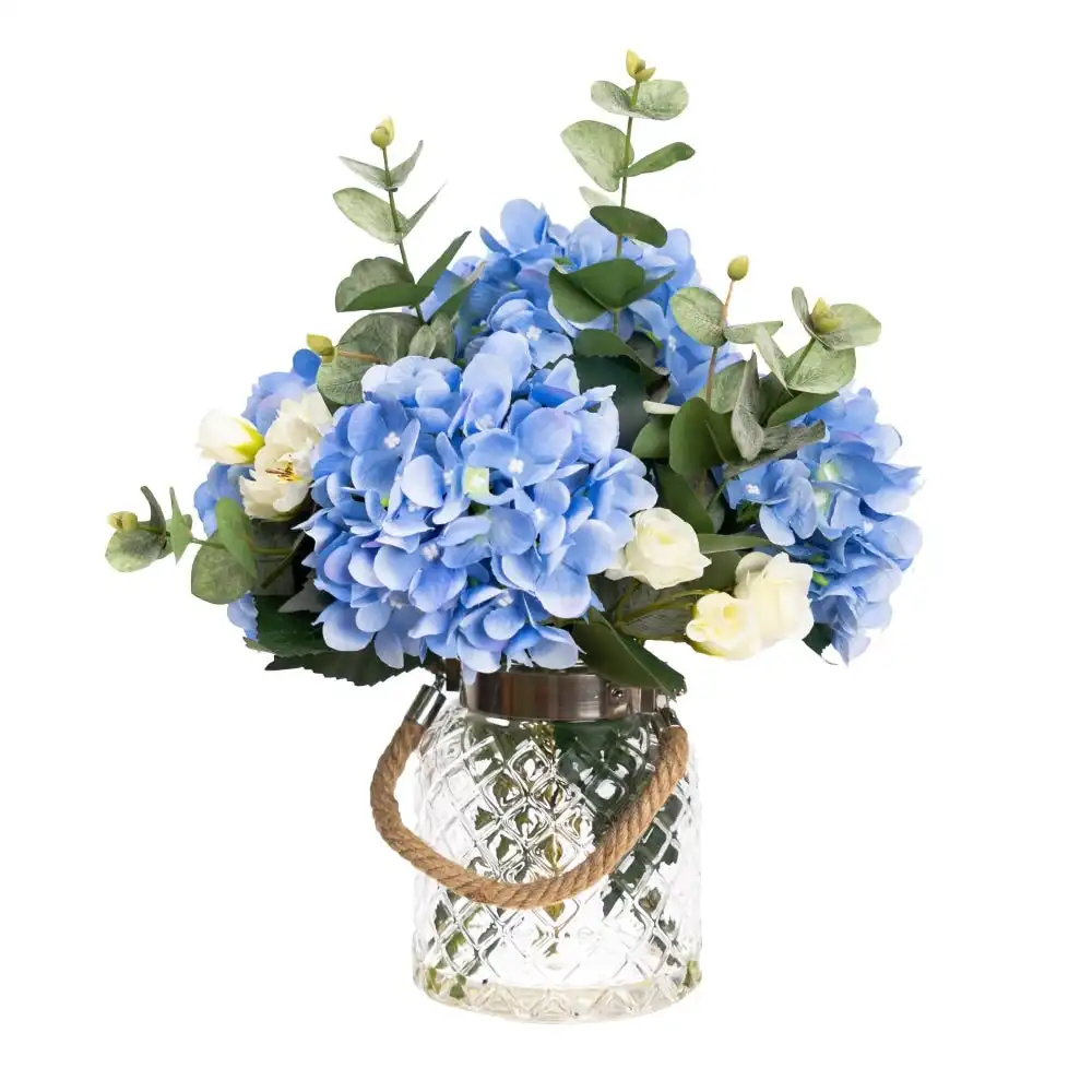Glamorous Fusion Blue Hydrangea & Peony Mixed Artificial Fake Plant Decorative Arrangement 38cm In Maison Jar