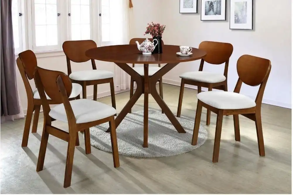 5Pc Dining Set Round Dining Table 105cm With 4 Dining Chairs - Walnut / Beige