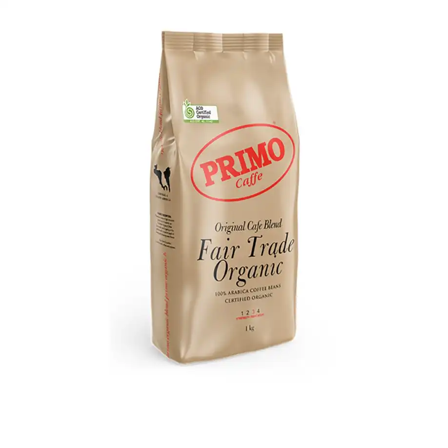 Primo Fair Trade Organic 1kg Arabica Coffee Beans Medium/Dark Roast Intensity 3