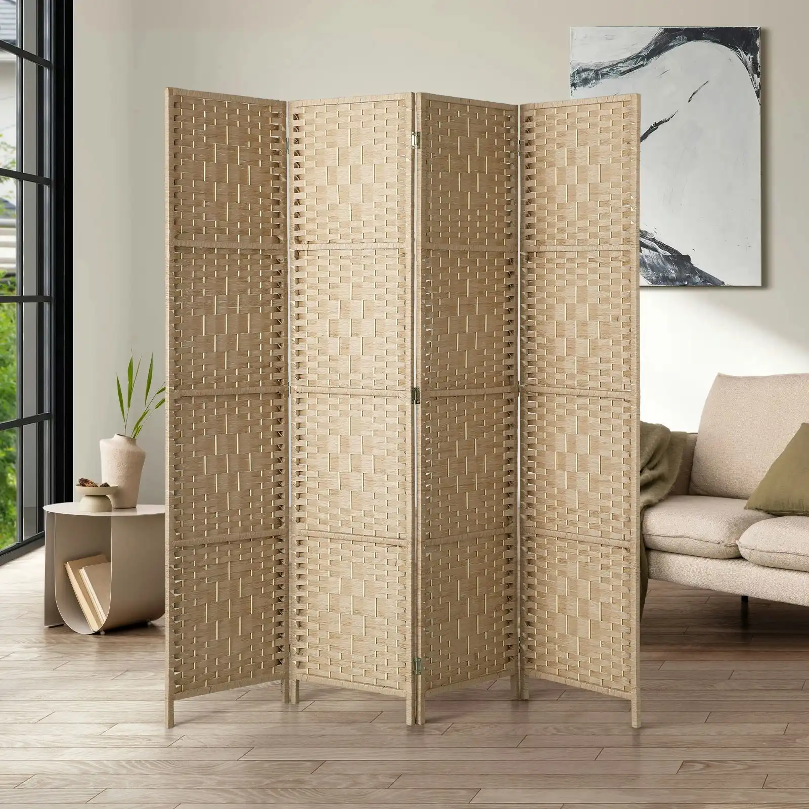Oikiture 4 Panel Room Divider Privacy Screen Dividers Woven Wood Fold Stand