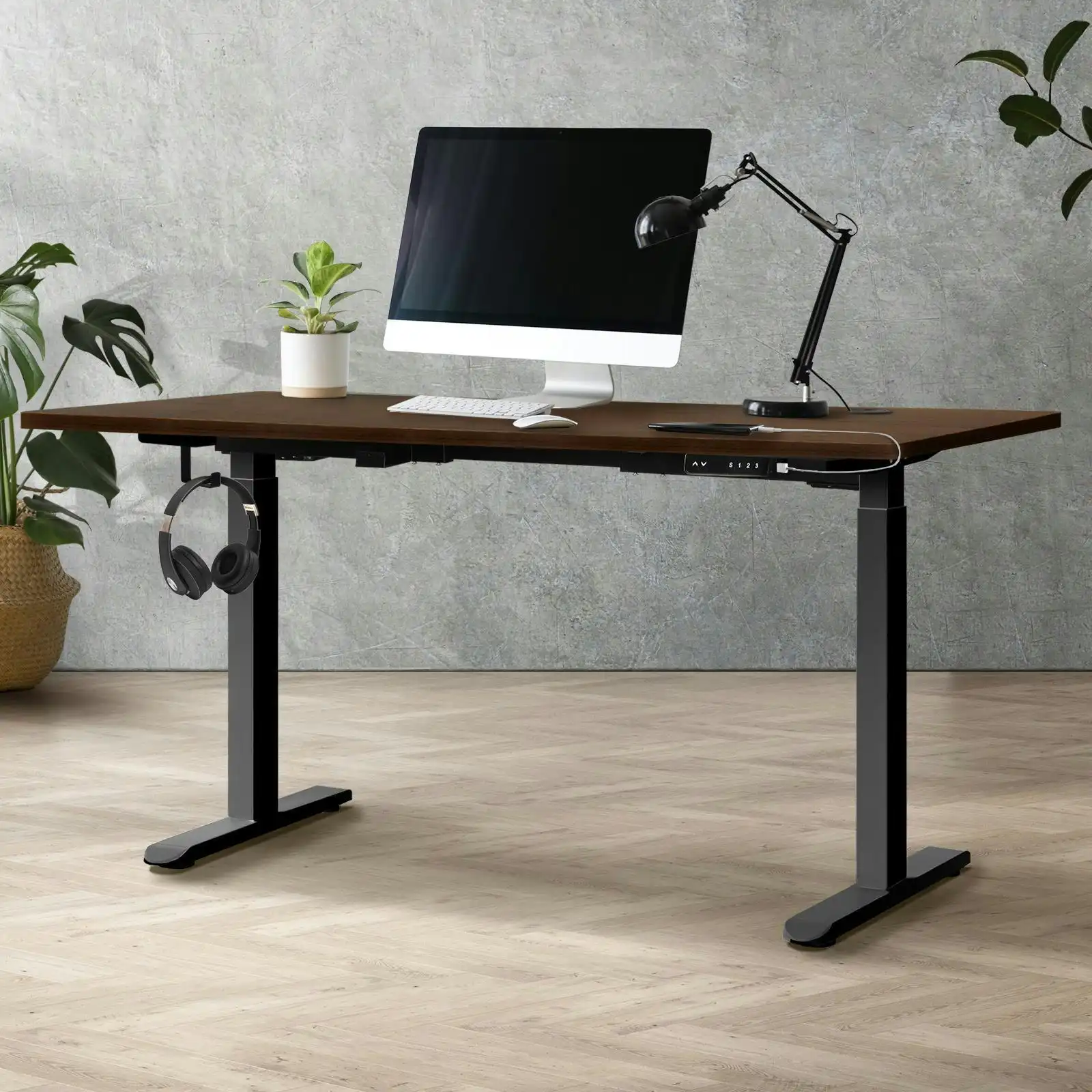 Oikiture 140cm Electric Standing Desk Dual Motor Black Frame Walnut Desktop With USB&Type C Port