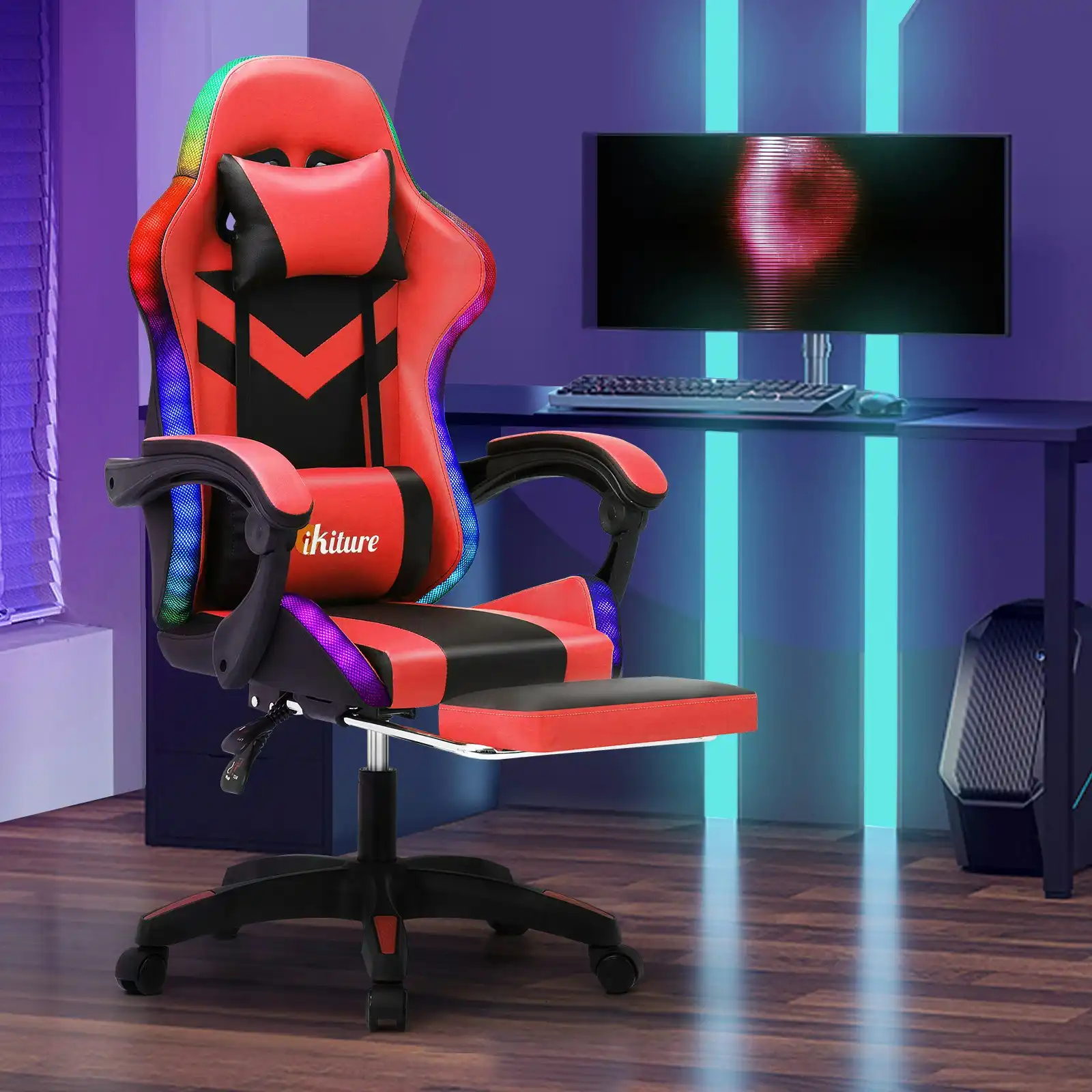 Oikiture Gaming Office Chair Massage Racing 7 RGB LED Computer Work Seat