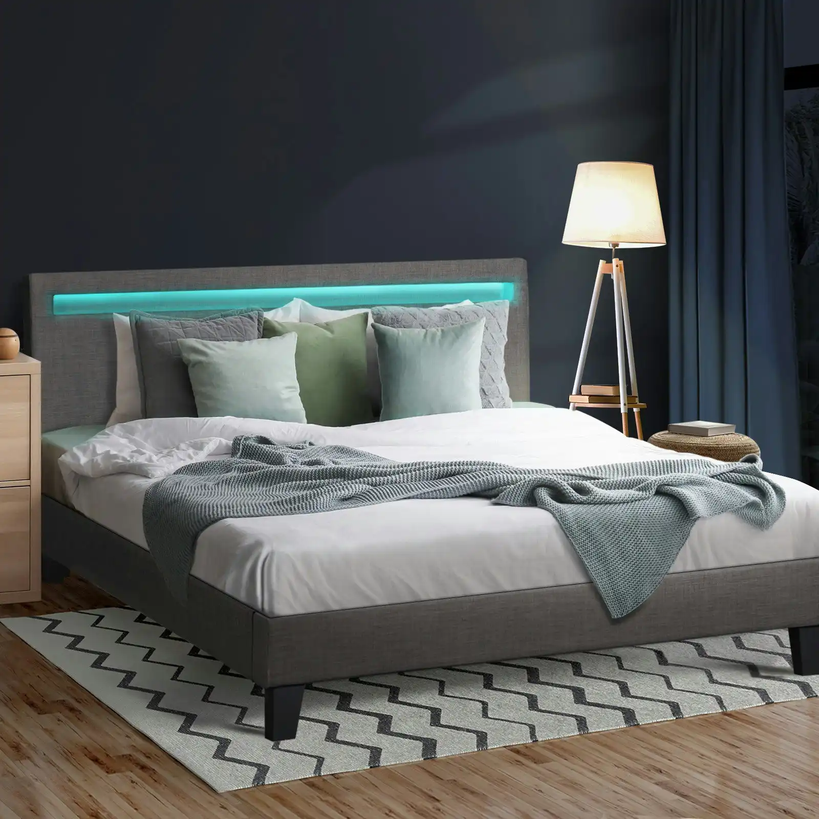 Oikiture Bed Frame RGB LED Double Size Mattress Base Platform Wooden Grey Fabric