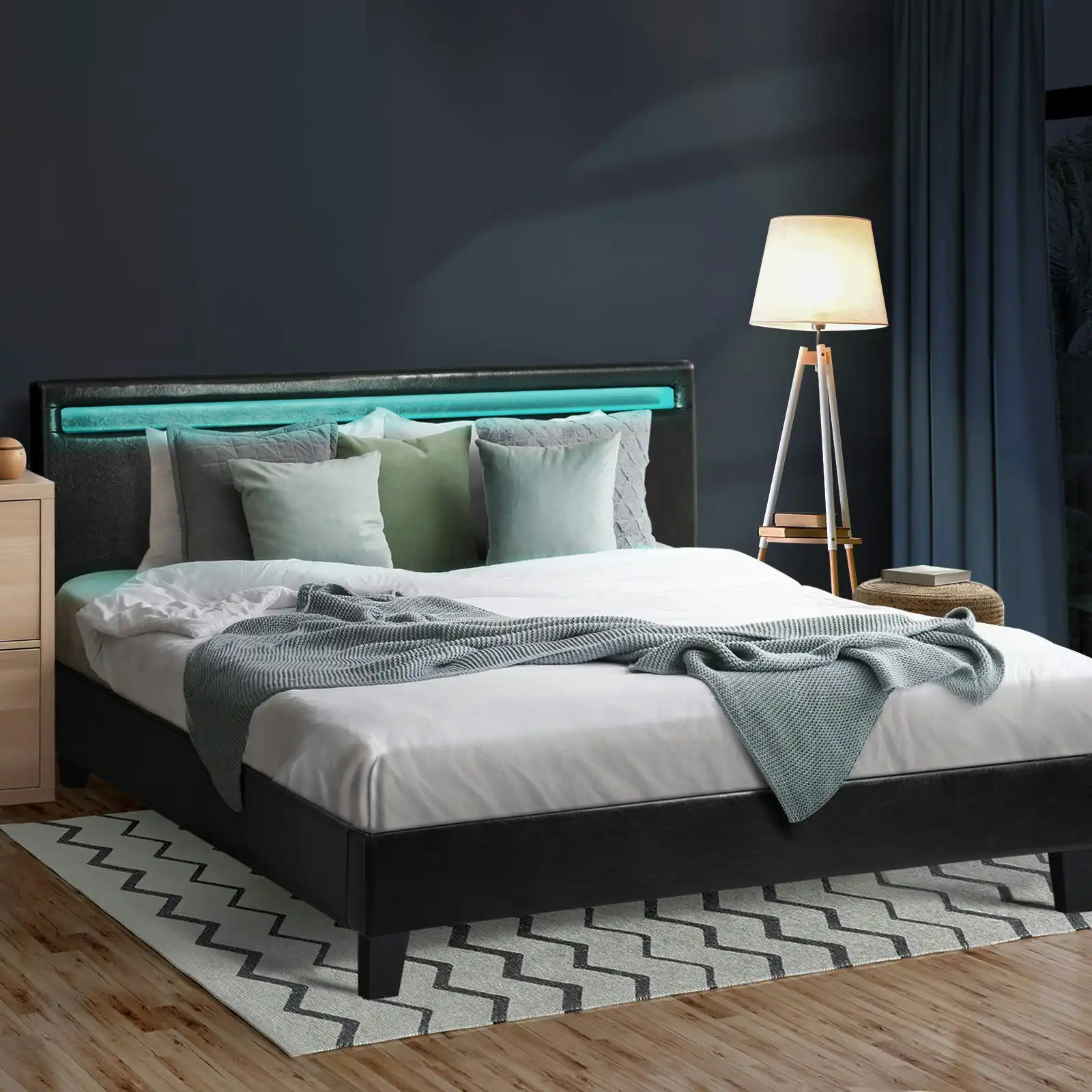 Oikiture Bed Frame RGB LED Queen Size Mattress Base Platform Wood Slat Leather