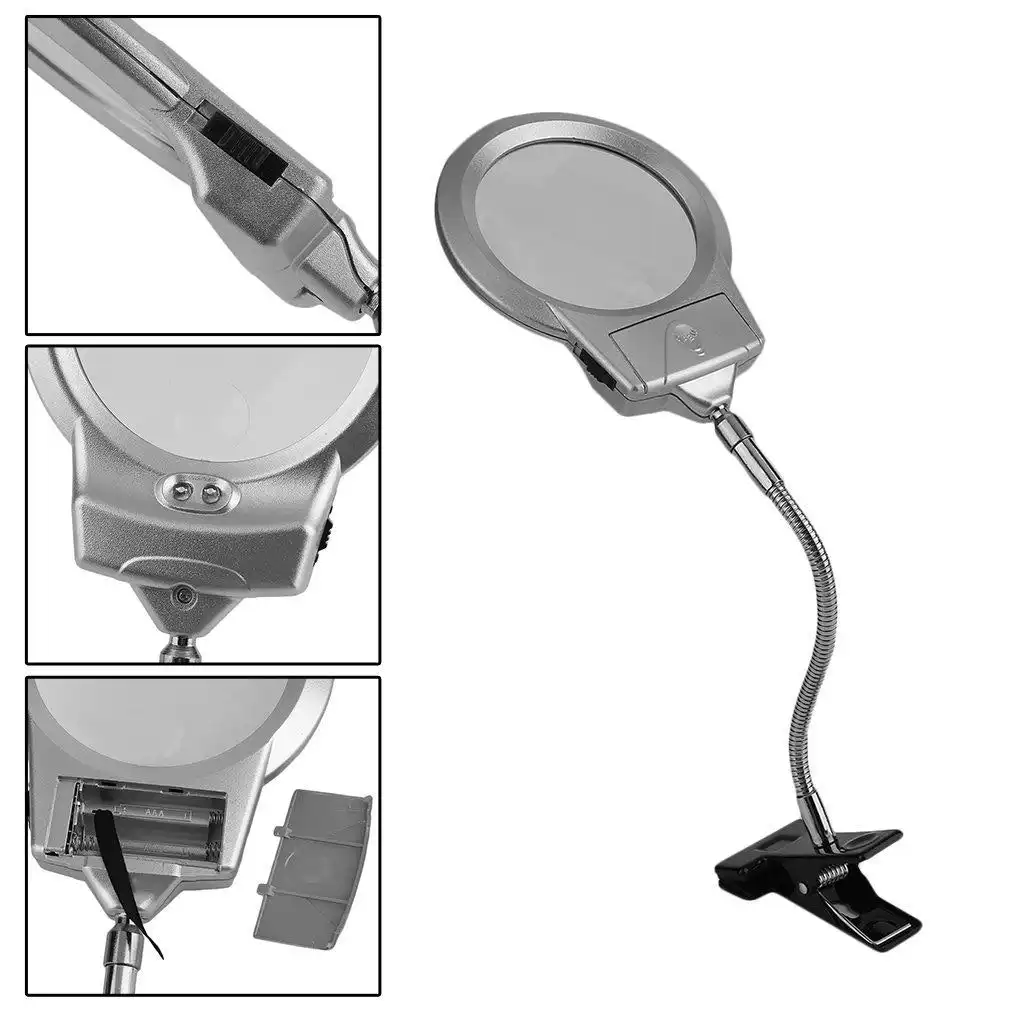 2 Led Desktop Magnifier Glass 2X / 6X Magnification 90Mm Lens Led Lamp Clamp Metal Hose