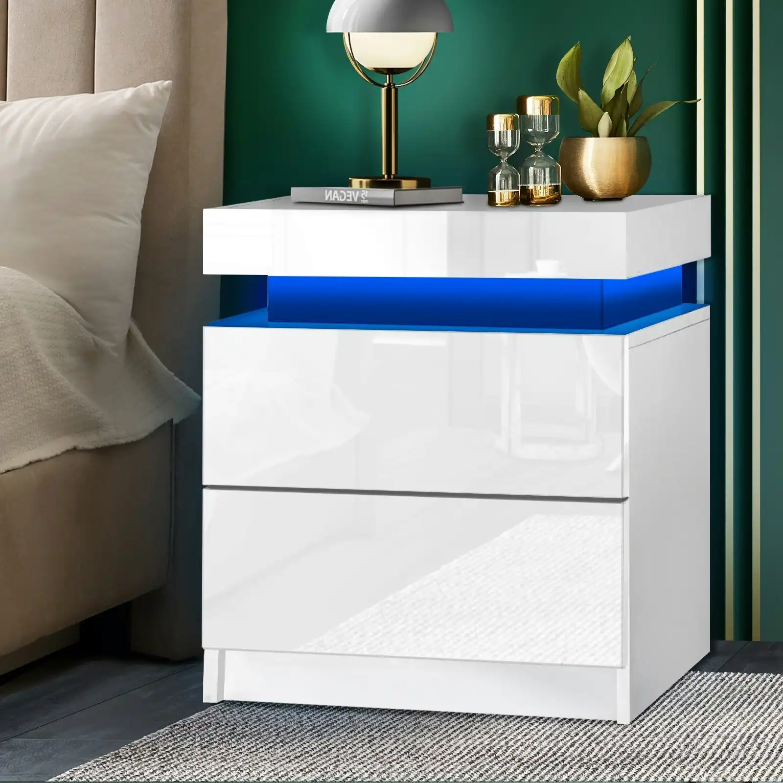 Oikiture Bedside Table RGB LED Nightstand Cabinet 2 Drawers Side Table Furniture White