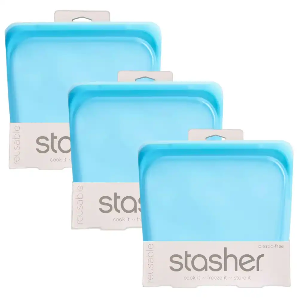 Stasher 3pc Sandwich Reusable Snack Bag Cook Freeze Store 3 In 1 | Blue 828ml