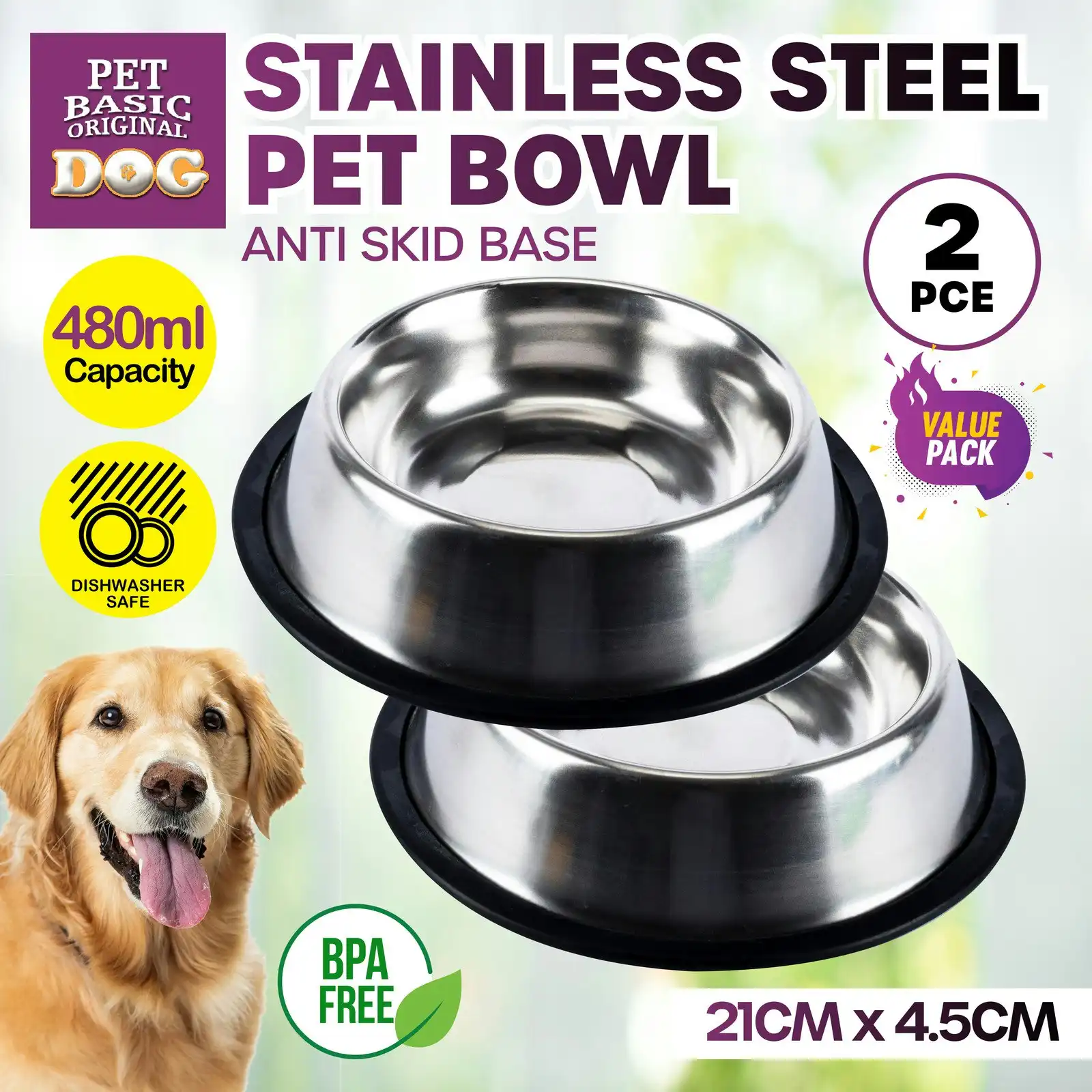 Pet Basic 2PCE Stainless Steel Pet Bowl Non Slip Base Dishwasher Safe 480ml