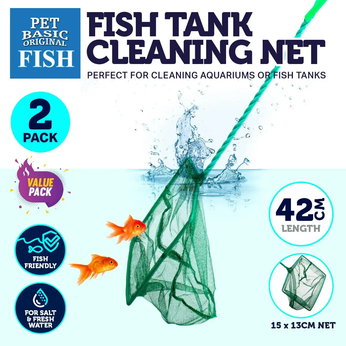 Pet Basic 2PK Aquarium Woven Fish Net Safe Soft Secure Convenient 15 x 13cm