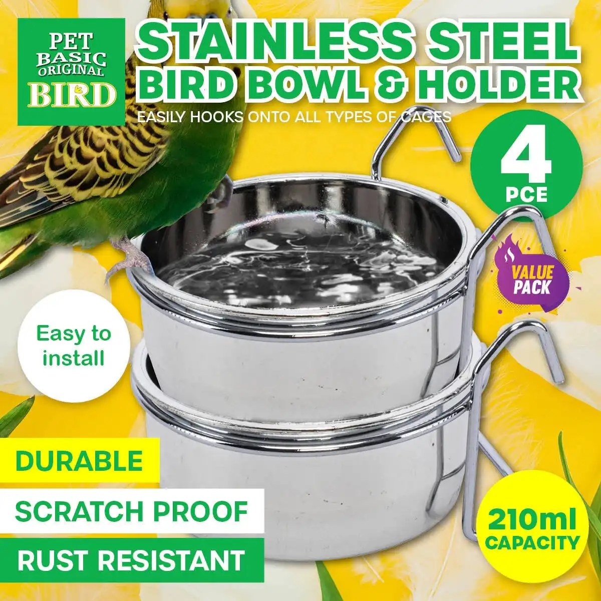 Pet Basic® 4PCE Bird Bowls & Holders Food Water Spill & Rust Proof 210ml