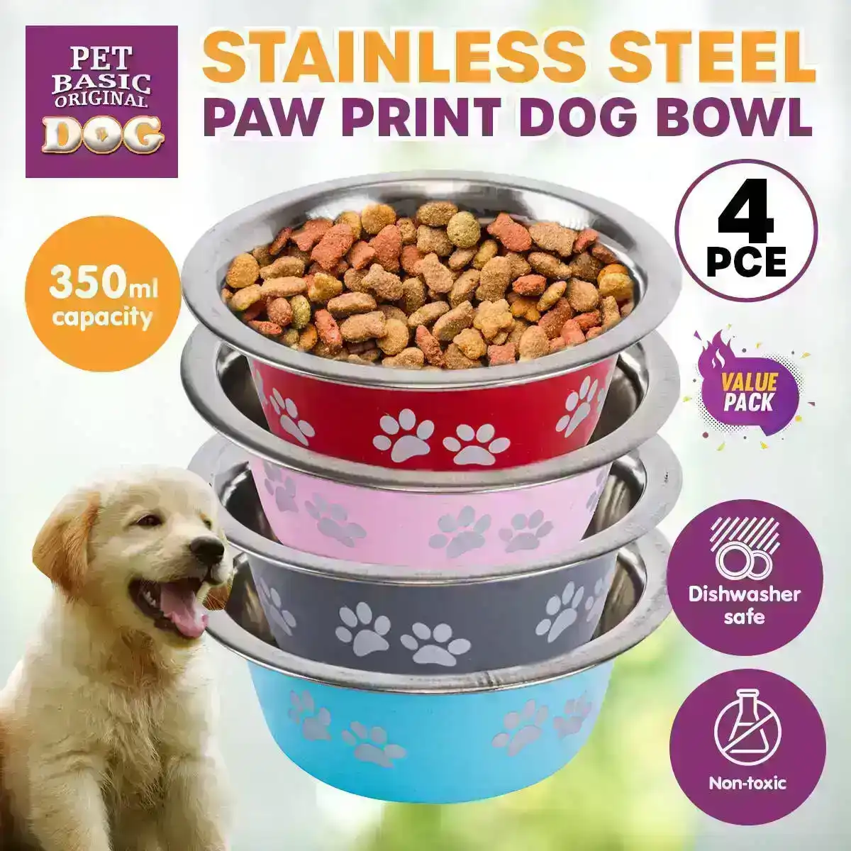 Pet Basic® 4PCE Dog Bowl Stainless Steel Paw Print Design Durable 350ml