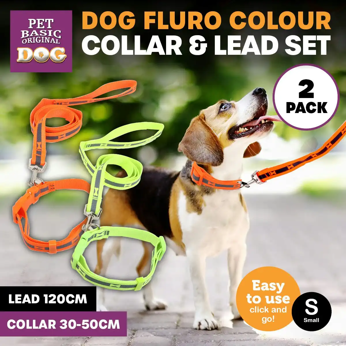 Pet Basic 2PK Dog Collar & Lead Fluro Colours Adjustable Collar