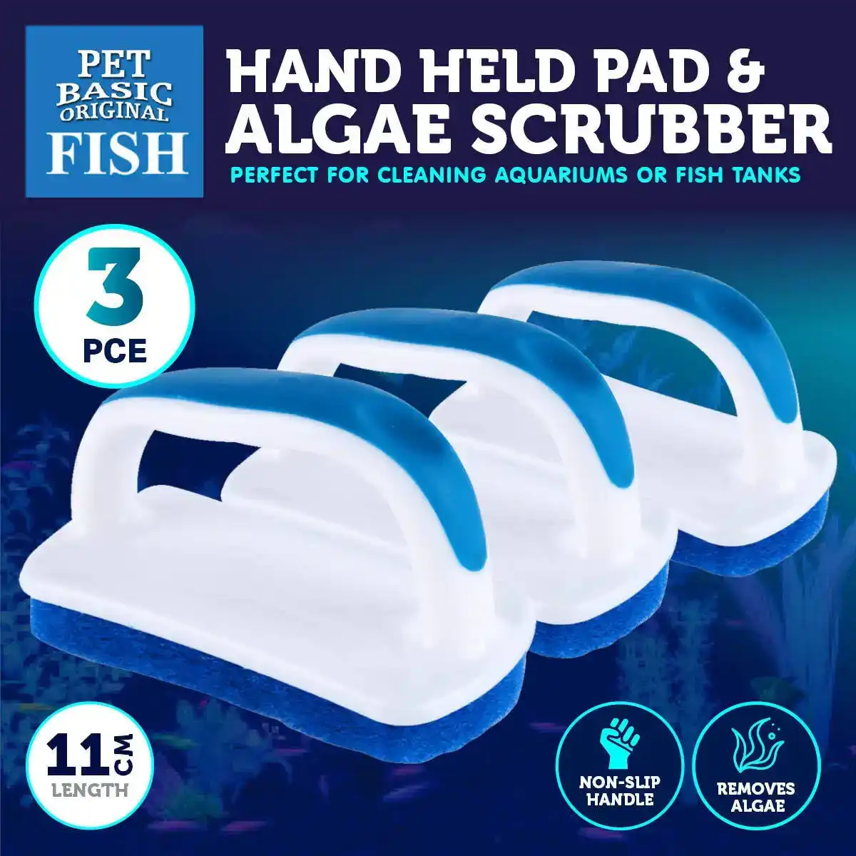 Pet Basic® 3PCE Aquarium Algae Scrubbing Sponge/Scourer Hand Held 11cm