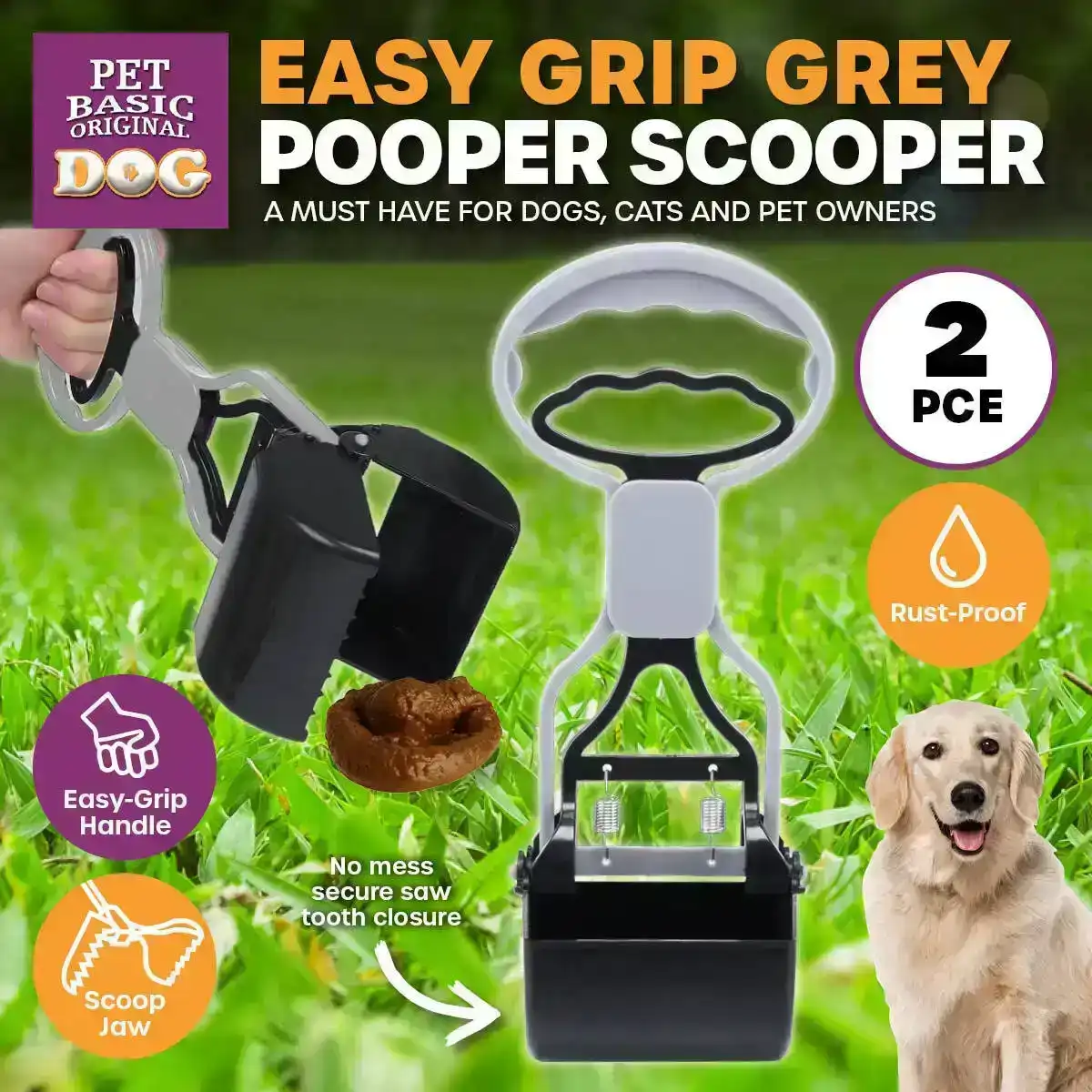 Pet Basic® 2PCE Pooper Scooper Easy Squeeze Grip Handle Scoop Jaw Closure 28cm