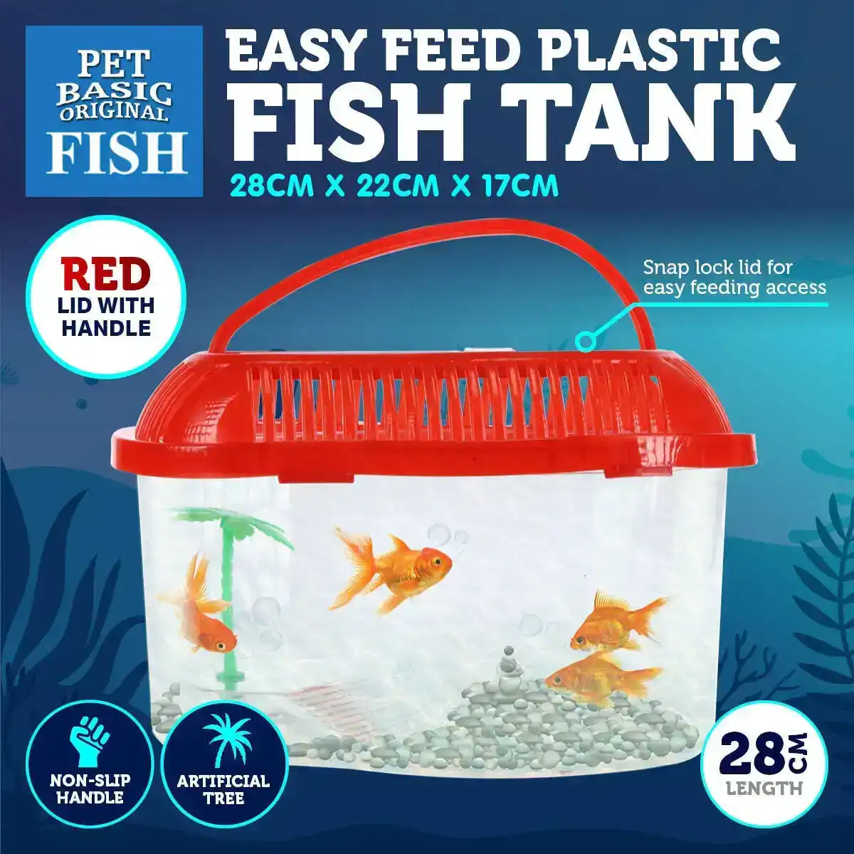 Pet Basic® Plastic Fish Tank Red Artificial Palm Tree Snap Lock Lid 28cm