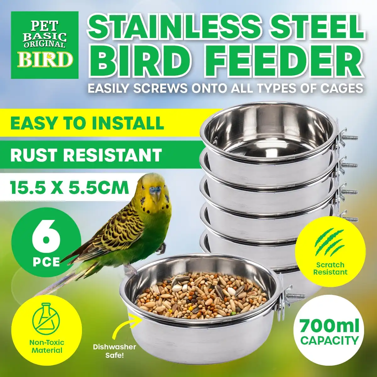 Pet Basic® 6PCE Bird Feeders 15.5cm Stainless Steel Rust/Spill Resistant 700ml