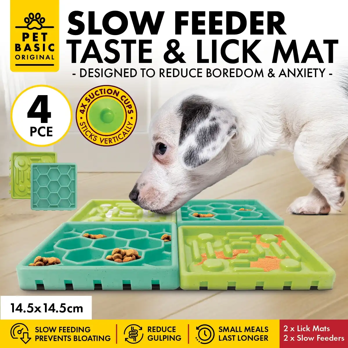Pet Basic® 4PCE Taste & Lick Square Shaped Slow Feeder Suction Mats 14.5cm