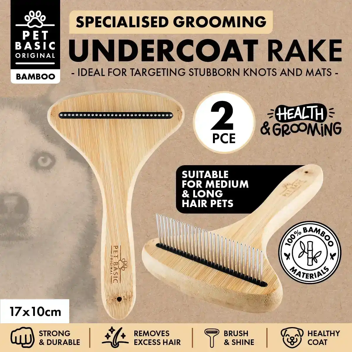 Pet Basic® 2PCE Undercoat Comb Bamboo Design Detangle & Remove Excess Fur 17cm