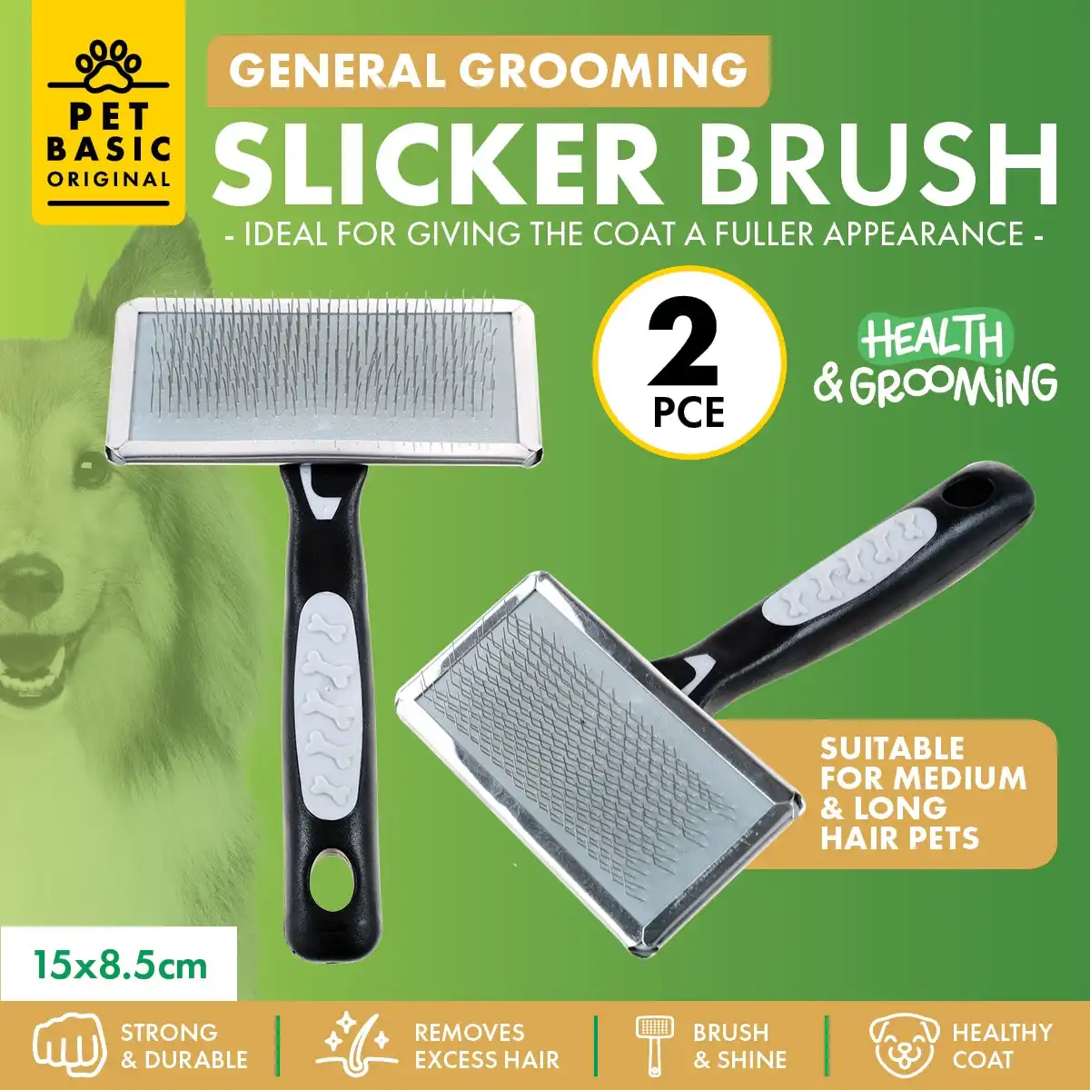 Pet Basic® 2PCE Grooming Slicker Brush Detangle & Remove Excess Fur 15cm