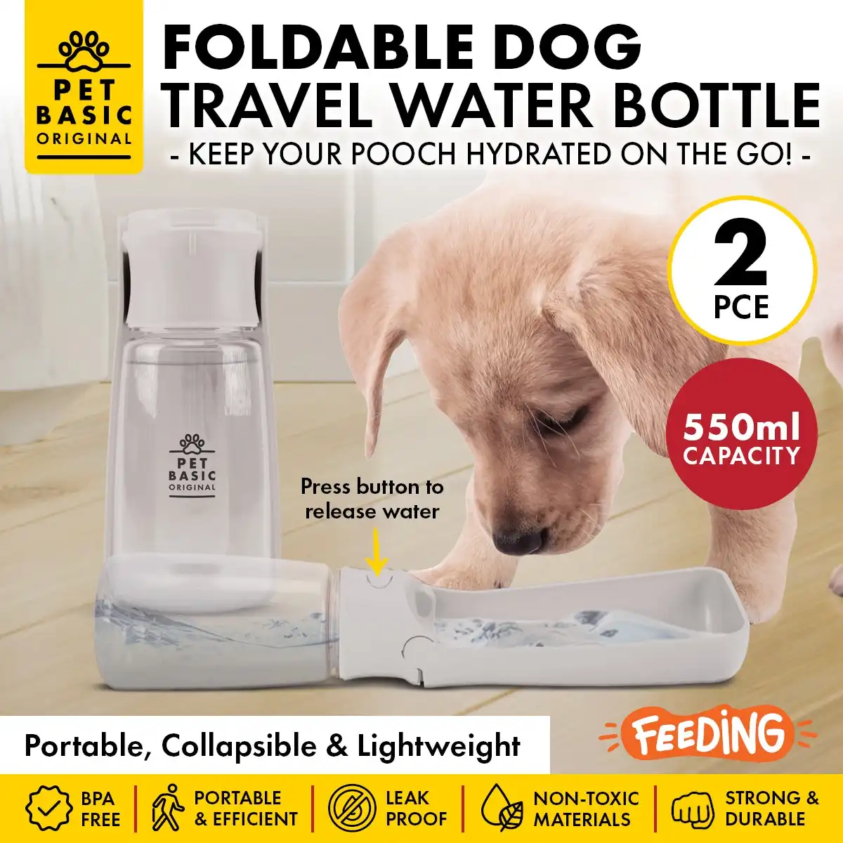 Pet Basic® 2PCE Portable Dog Water Bottle Button Release Leak Proof 550ml