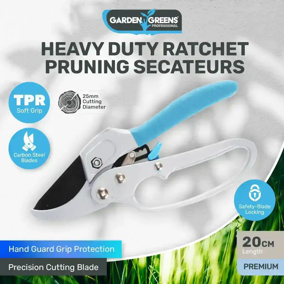 Garden Greens® Ratchet Pruning Secateur Premium Carbon Steel Blades 20cm