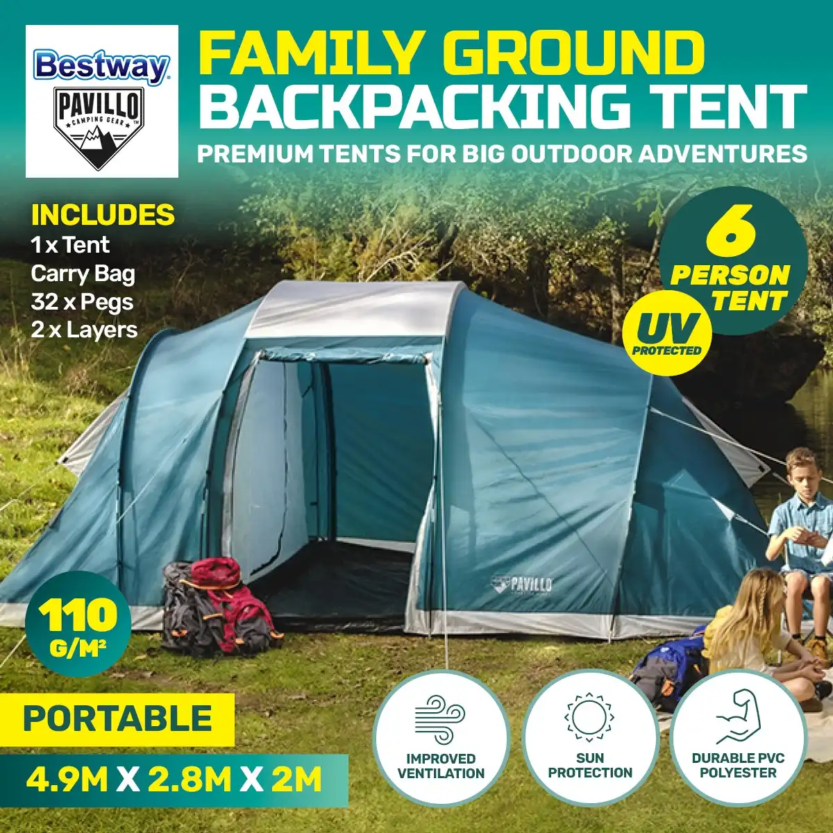 Bestway® 4.9m x 2.m Tent 6 Person UV Protected Premium Double Layered PVC