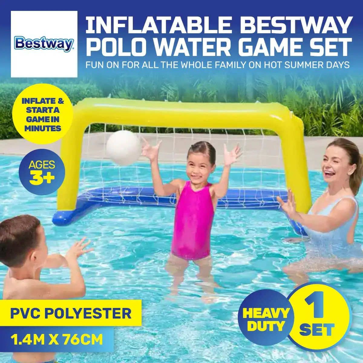 Bestway 1.4m x 76cm Inflatable Water Polo Pool Game Set & Ball UV Resistant