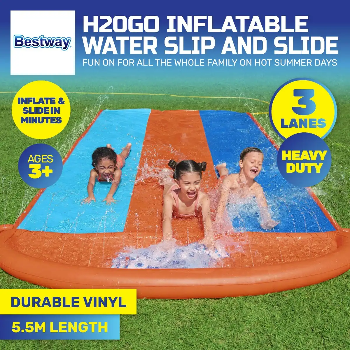 Bestway 4.8m Triple Lane Inflatable Water Slide Built-In Water Jets