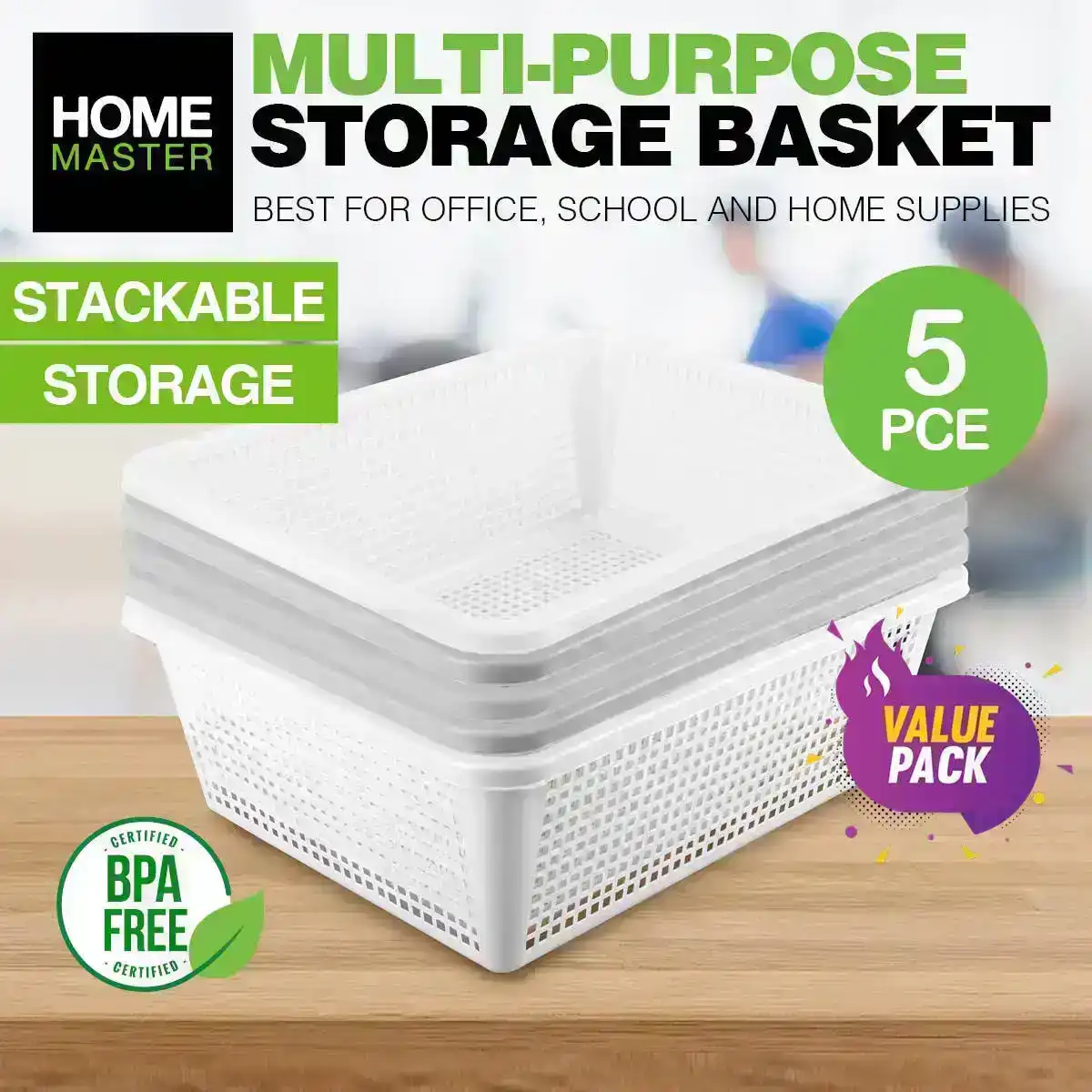 Home Master® 5PCE Storage Baskets Multi-Purpose Space Saving 29cm