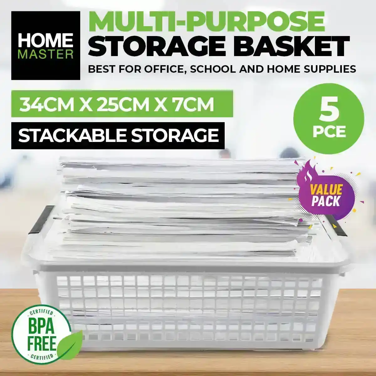 Home Master® 5PCE Storage Baskets Multi Purpose Space Saving 25 x 34 x 7cm