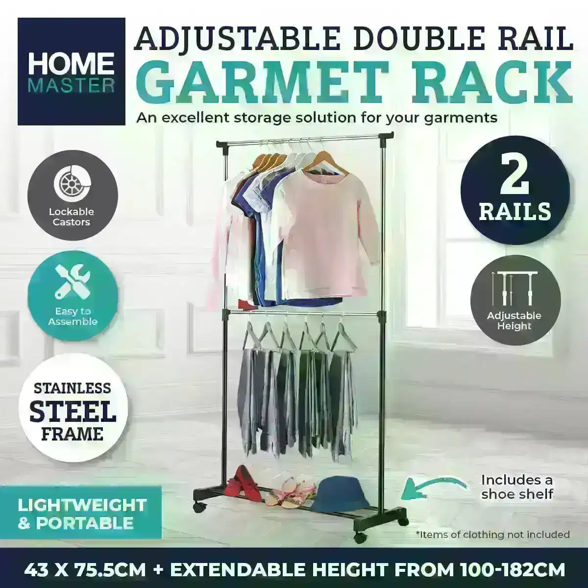 Home Master® Adjustable Height Double Rail Garment Rack With Shoe Shelf