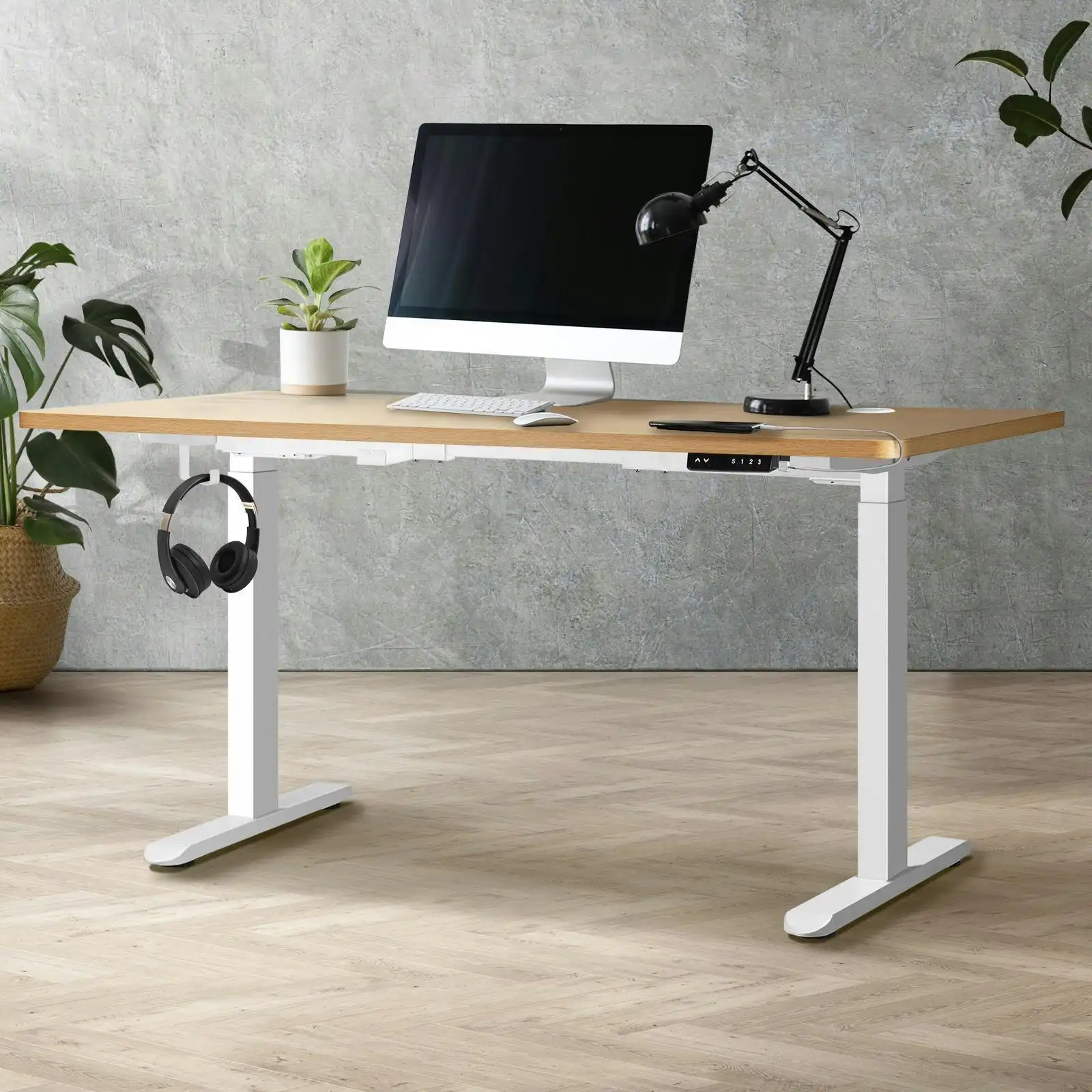 Oikiture 150cm Electric Standing Desk Dual Motor White Frame OAK Desktop With USB&Type C Port