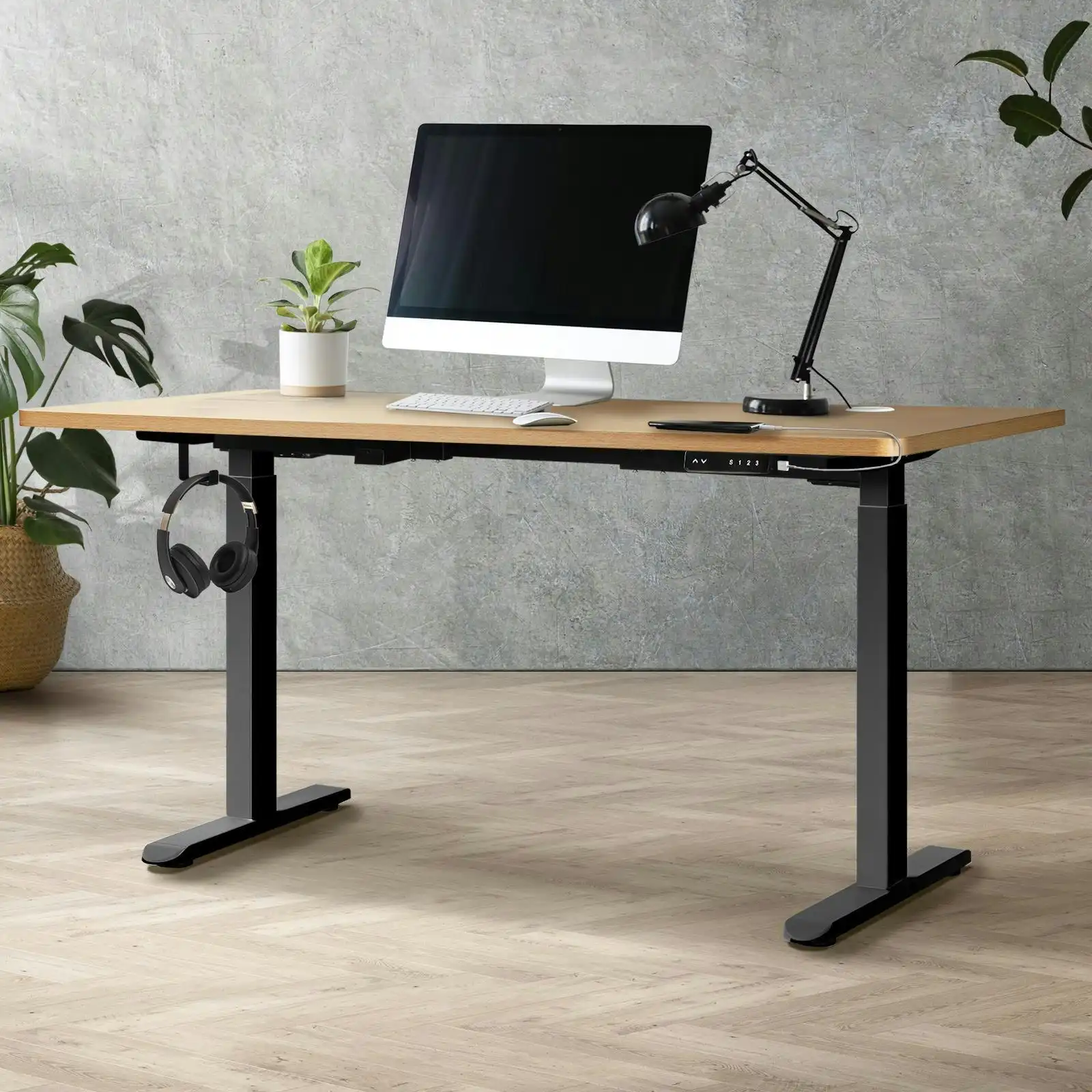 Oikiture 150cm Electric Standing Desk Dual Motor Black Frame OAK Desktop With USB&Type C Port