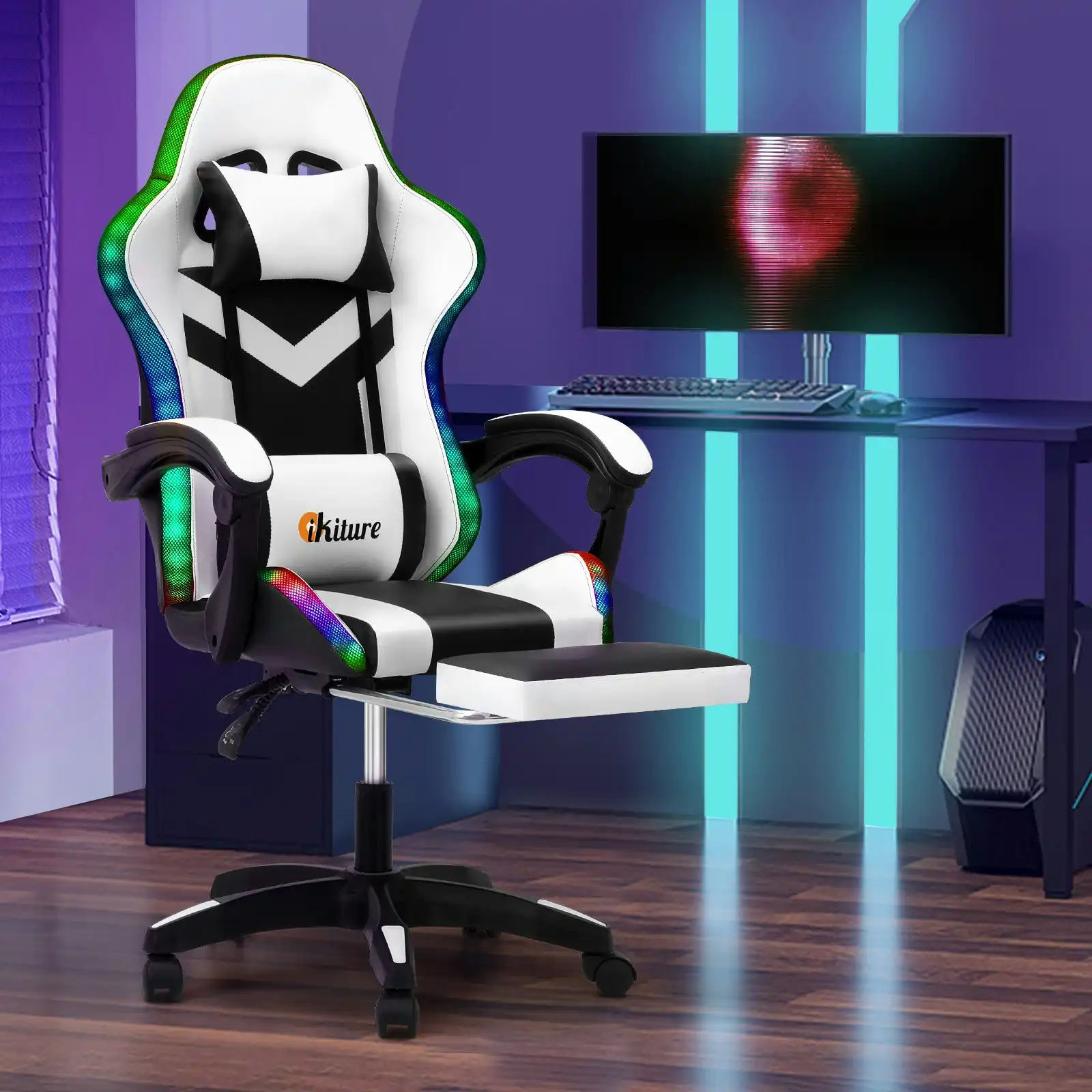 Oikiture Gaming Office Chair Massage Racing RGB LED Recliner Computer Footrest