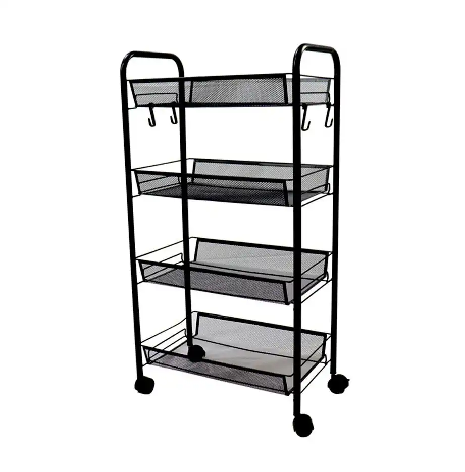 Soga 4 Tier Steel Black Bee Mesh Kitchen Cart Multi-Functional Shelves Storage Organizer with Wheels