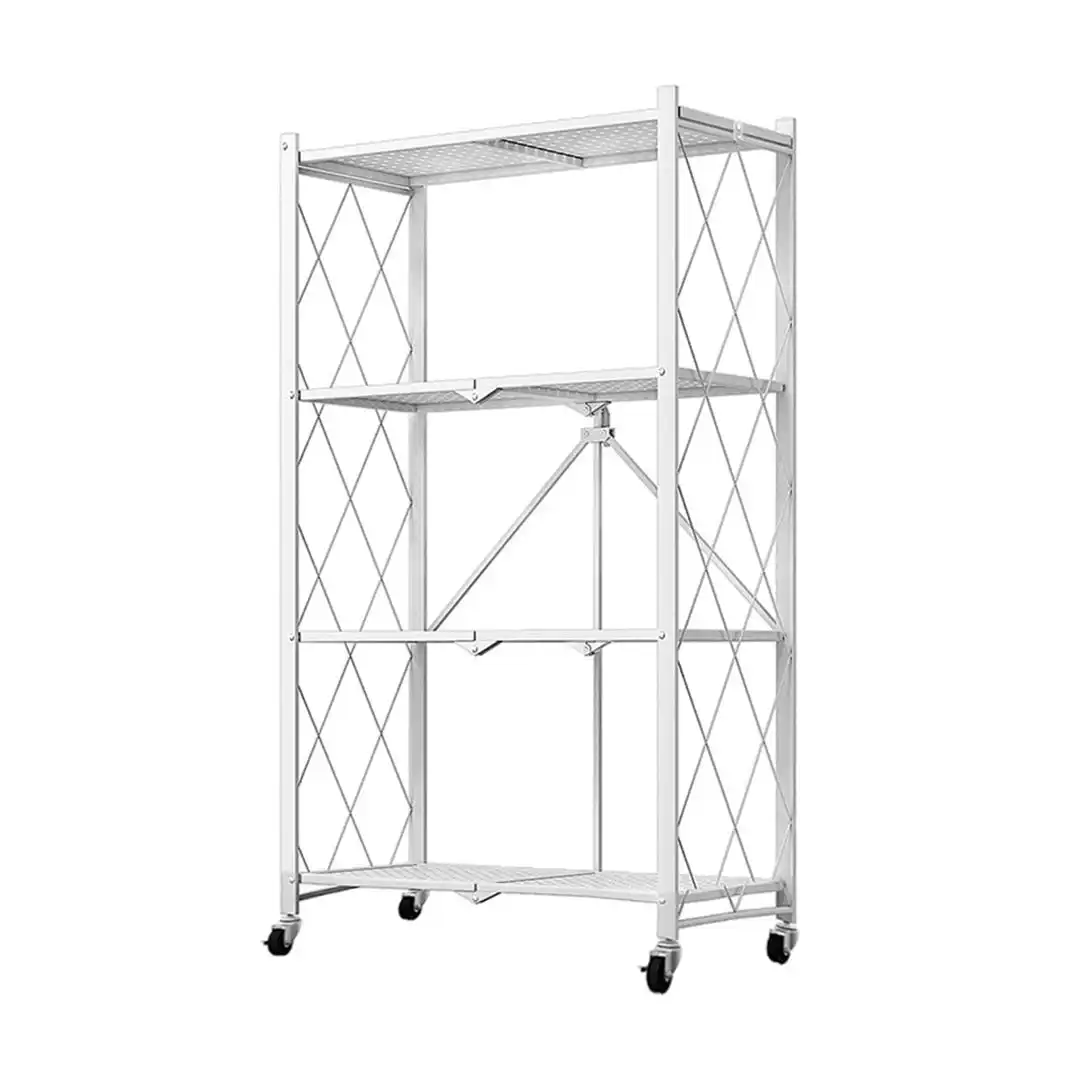 Soga 4 Tier Steel White Foldable Kitchen Cart Multi-Functional Shelves Storage Organizer with Wheels