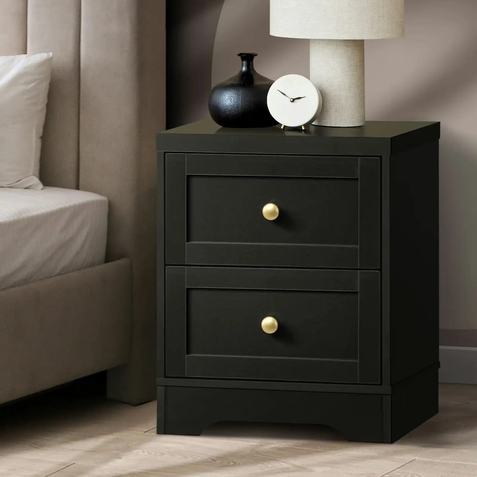 Oikiture Bedside Tables 2 Drawers Hamptons Furniture Storage Cabinet Black