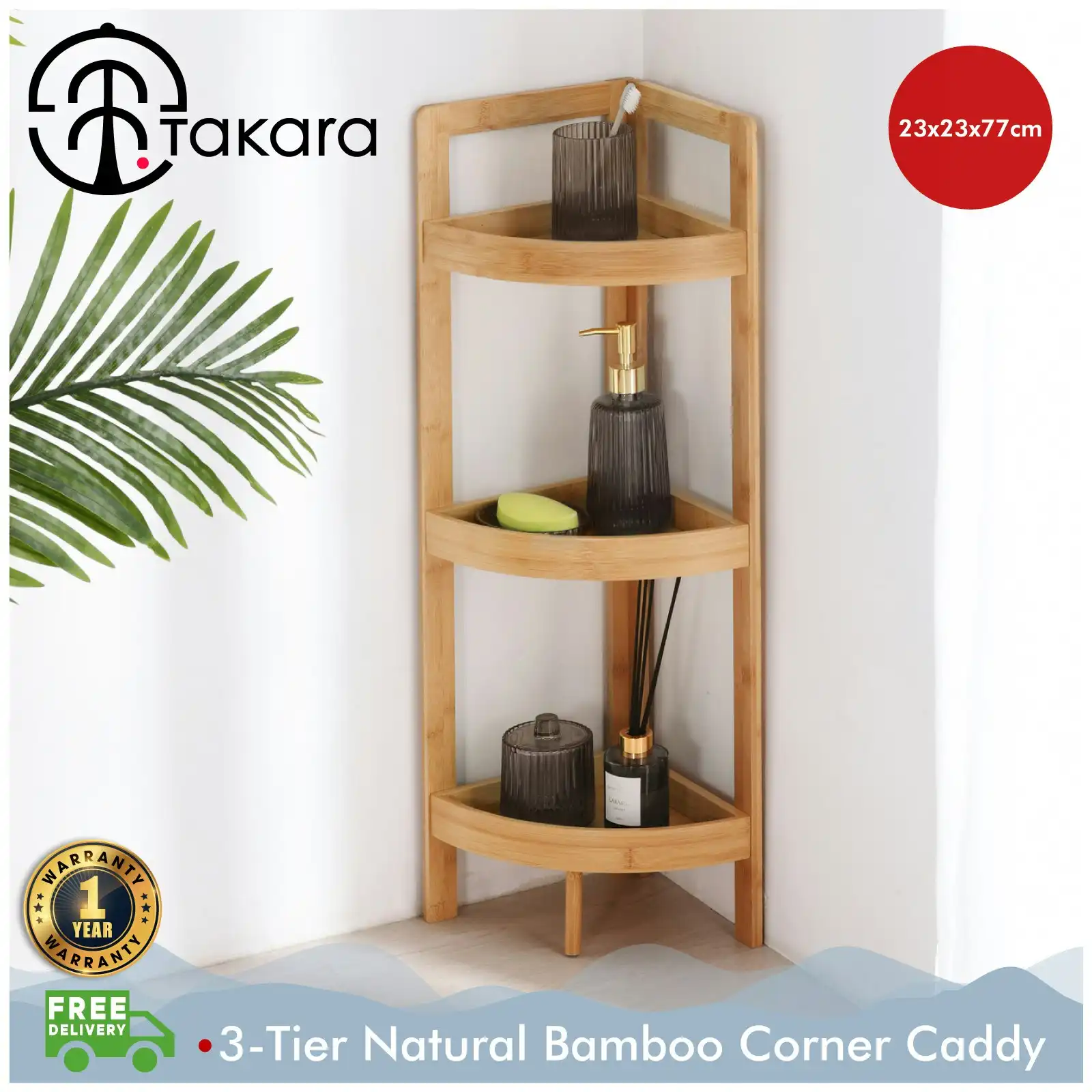 Takara Okin 3-Tier Natural Bamboo Corner Caddy Natural Colour 23x23x77cm