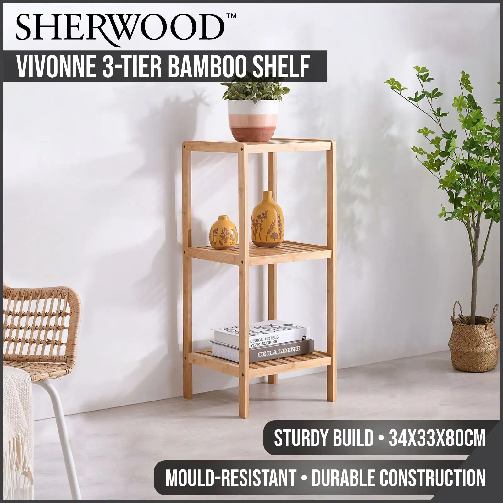 Sherwood Vivonne 3-Tier Bamboo Shelf, Natural Bamboo Colour, 34x33x80cm