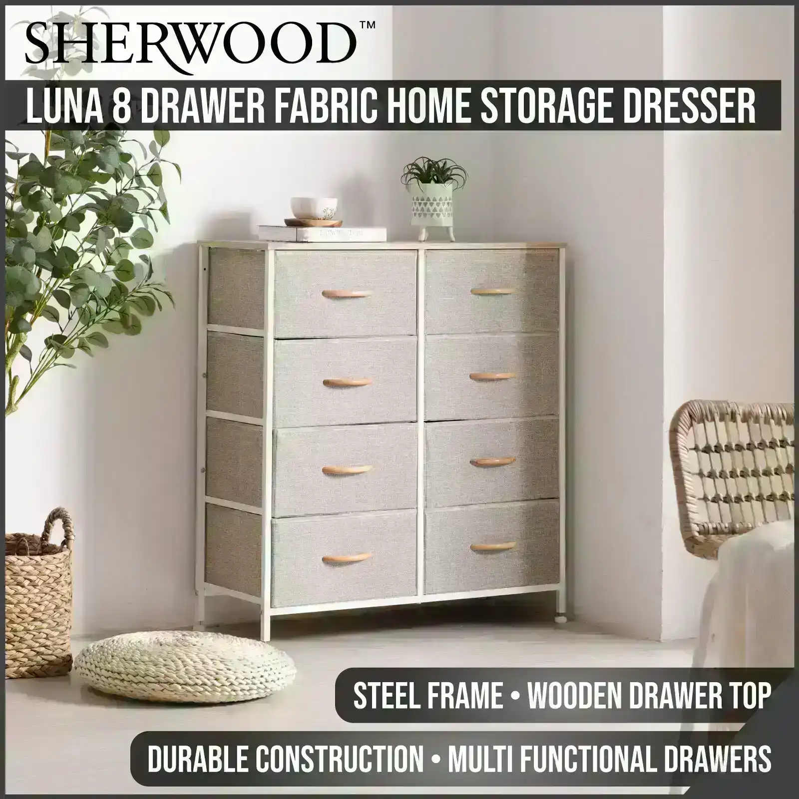 Sherwood Luna 8 Drawer Fabric Home Storage Dresser Cream